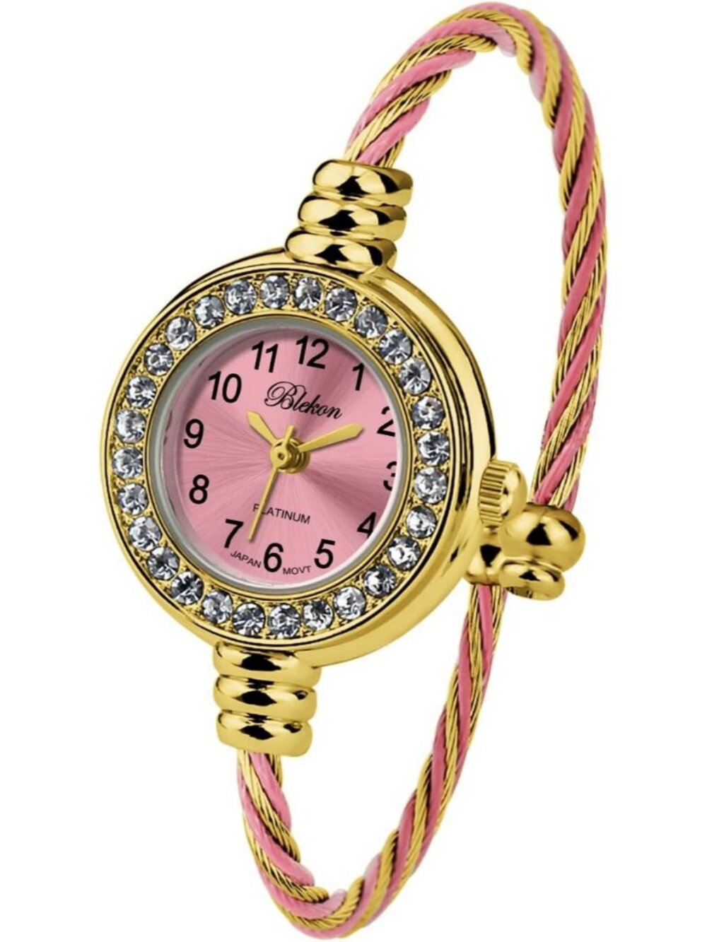 Women's Gold And Pink Analog Cable Cuff Arabic Numbers Rhinestone Bracelet Watch